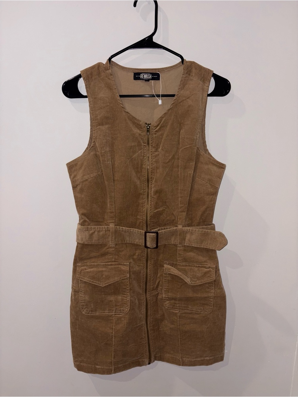 Sleeveless Corduroy Belted Mini Dress in Brown
